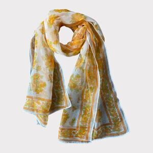 Glentex Vintage Made in Japan Yellow Floral Polyester Scarf Rectangle 13" x 44"